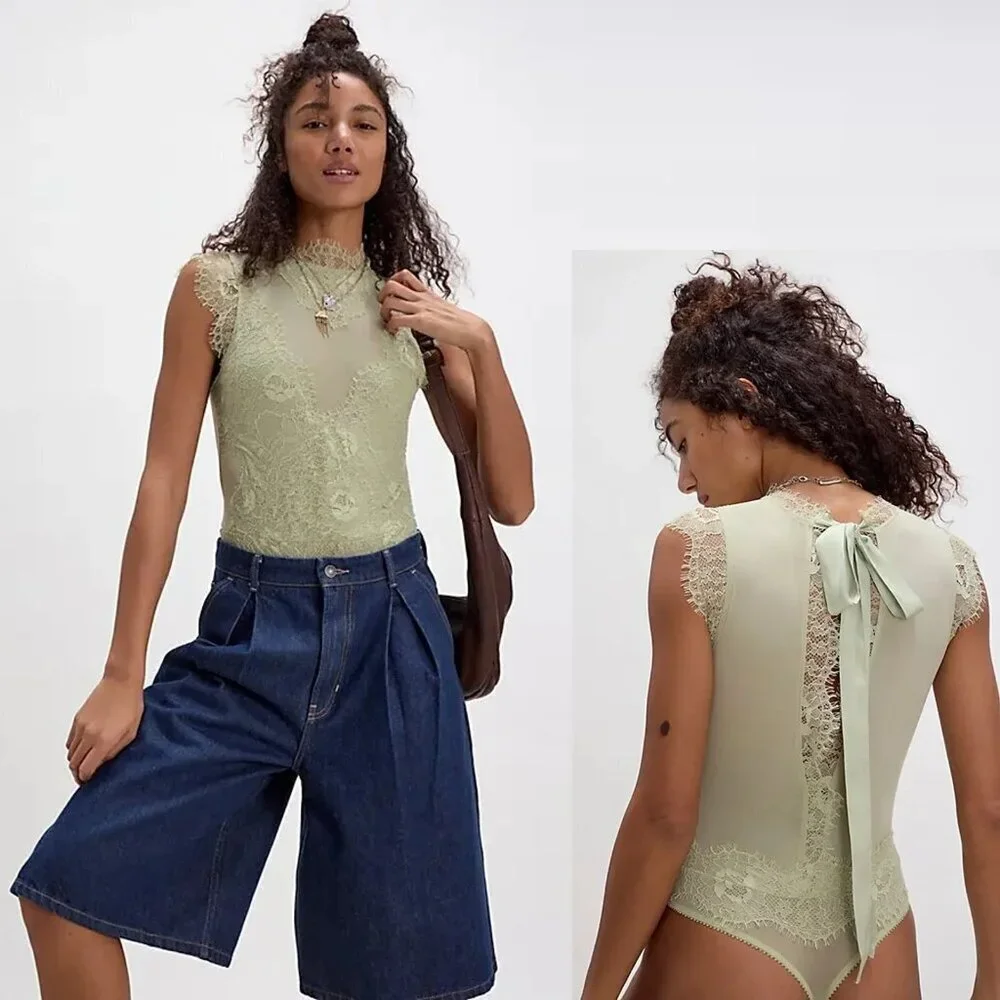 NWT New Free People Sweet Nothings Washed Sage Bodysuit Size L